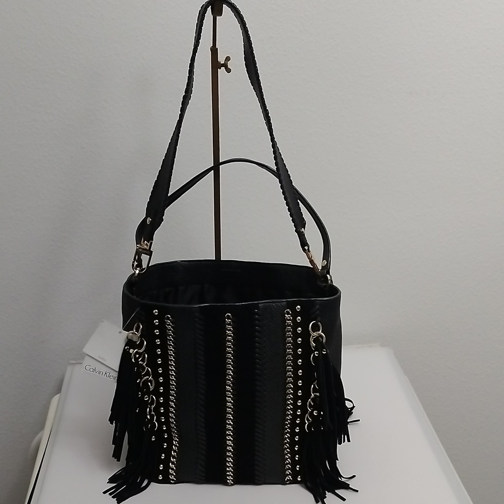 Calvin Klein L-Lynn Leather Fringe Chainlink Whipstitch Women's Hobo Handbag NWT - Picture 6 of 16